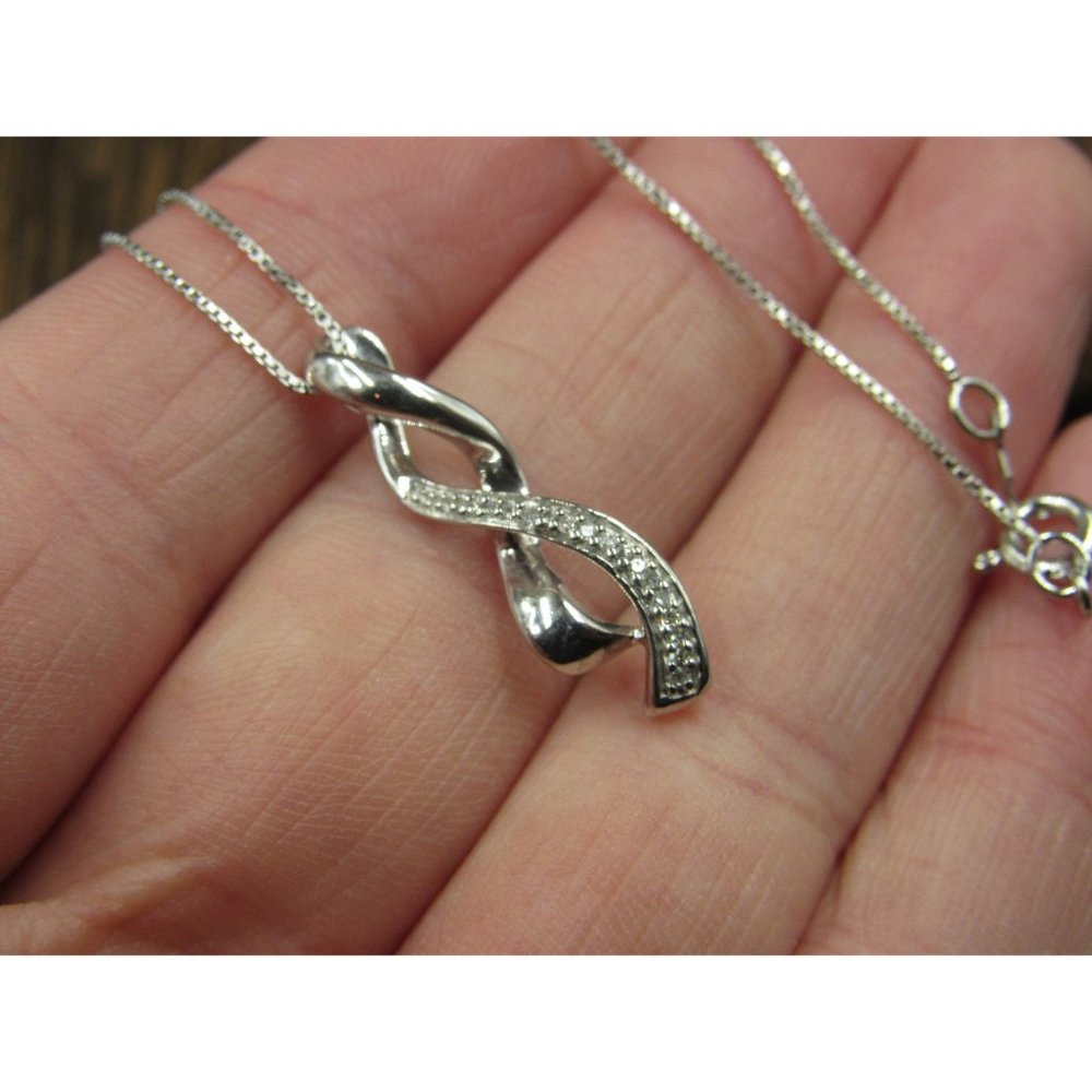 18" Sterling Silver Woven Pattern Diamond Chips Pendant Necklace Vintage Minimal - Picture 3 of 7